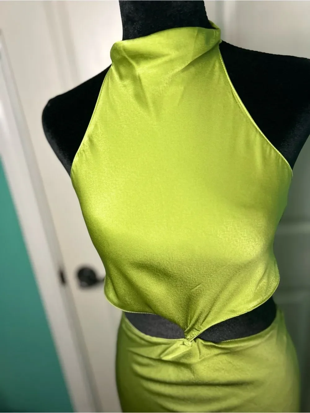 Edit by Nine Satin Halter Cutout Twist Front Maxi Dress Green - Picture 5 of 14